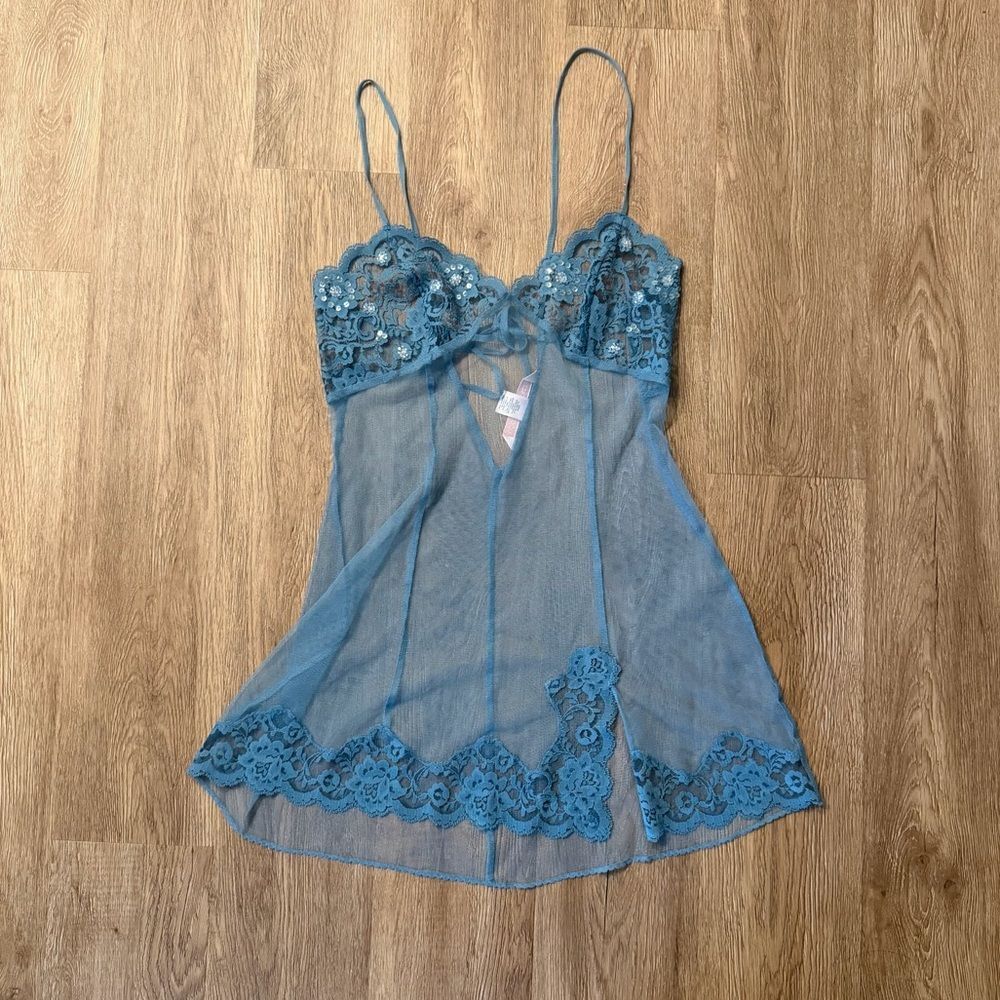 Vintage Victoria’s Secret Babydoll Nightie Lingerie Dusty Blue Embroidered Small
